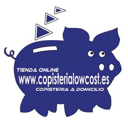 Icono de cerdito azul con texto: "Tienda online www.copisterialowcost.es Copistería a domicilio".