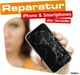 Zerbrochenes Smartphone-Display in einer Hand, Text: "Reparatur iPhone & Smartphones aller Hersteller".
