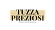 Logo con testo "Tuzza Preziosi Fashion & Jewels" su sfondo beige.