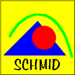 Gelbes Quadrat mit blauem Dreieck, rotem Kreis und grünem Bogen. Unten steht "Schmid".