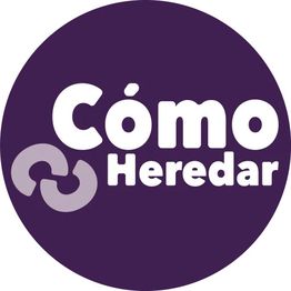 Círculo morado con texto blanco "Cómo Heredar" y un gráfico curvo en tonos morados.