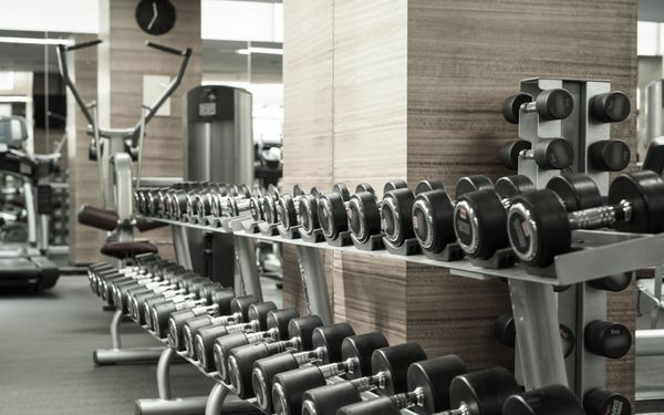 Hantelregal mit Kurzhanteln in verschiedenen Größen in einem modernen Fitnessstudio.