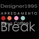 Designer1995 e testo con colori: Arredamento e News Coffee Break, sfondo nero.