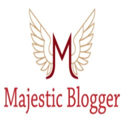Logo with "M" and wings above the text "Majestic Blogger" in red.