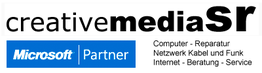 Logo von "creativemediaSr" mit Microsoft-Partner-Emblem, Computer- und Netzwerk-Dienstleistungen.