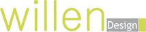 Logo mit Schriftzug "willen Design" in grüner und grauer Farbe.
