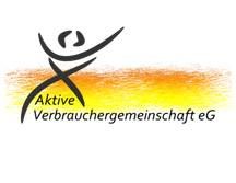 Logo: Schwarze Figur mit "Aktive Verbrauchergemeinschaft eG" auf gelber und orangefarbener Linie.
