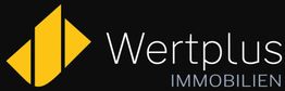 Schwarzes Logo mit gelbem Symbol und Schriftzug "Wertplus Immobilien" in Weiß und Hellblau.