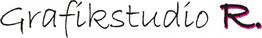 Schriftzug "Grafikstudio R." mit handgeschriebenem Look, "R." in roter Farbe hervorgehoben.