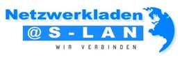 Logo mit Text "Netzwerkladen @ S-LAN, wir verbinden" neben einer blauen Weltkarte.