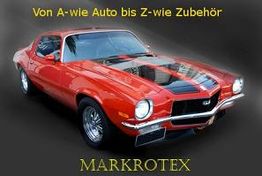 Rotes Auto mit schwarzer Motorhaube, Text: "Von A-wie Auto bis Z-wie Zubehör", "MARKROTEX".