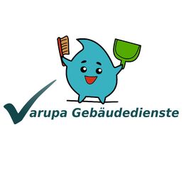 Niedlicher blauer Tropfen mit Besen und Kehrschaufel, daneben "Varupa Gebäudedienste" Text.