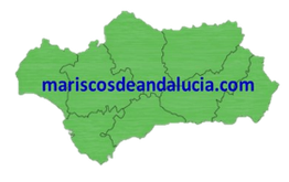 Mapa verde de Andalucía con la inscripción "mariscosdeandalucia.com" en azul.