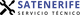 Logotipo con texto "SATENERIFE" en letras azules y un motivo de línea negra a la izquierda.