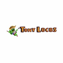Cartoon character playing guitar next to the text "Tony Locos."