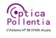 Texto: Óptica Pollentia, dirección: C\Pollentia Nº 9B 07400 Alcudia. Letras moradas.