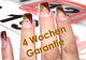 Nägel mit farbigem Design, Text: "4 Wochen Garantie" über einer verschwommenen Kalendervorlage.