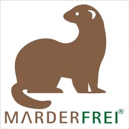 Braunes Marder-Symbol neben dem Text „MARDERFREI“ in Großbuchstaben.
