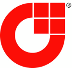 Rotes, kreisförmiges Logo mit quadratischen Elementen und eingetragenem Markenzeichen.