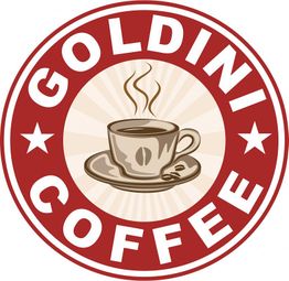 Goldini Coffee-Logo mit dampfender Tasse in der Mitte und zwei Sternen.