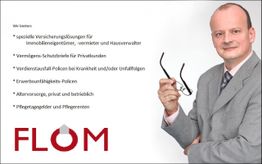Geschäftsmann mit Brille vor Versicherungsangeboten von FLOM auf weißem Hintergrund.