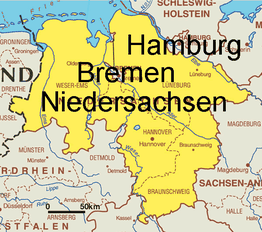 Karte zeigt Hamburg, Bremen und Niedersachsen in gelb mit umliegenden Ländern und Gewässern.