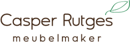Logo met tekst "Casper Rutges meubelmaker" en afbeelding van een groen blad.