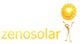 Gelbe Silhouette hebt strahlende Sonne neben dem Schriftzug "zenosolar" empor.