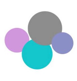 Vier überlappende Kreise in Türkis, Grau, Lila und Violett.