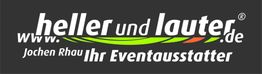 Logo: "heller und lauter", "Ihr Eventausstatter", web-Adresse. Schwarzer Hintergrund mit Farben.