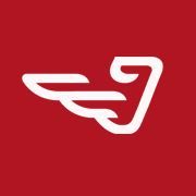 Logo mit stilisierter, weißer Adlerfigur auf rotem Hintergrund.
