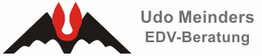 Logo mit stilisierter schwarzer Fledermaus und rotem Akzent, Text: "Udo Meinders EDV-Beratung".