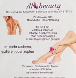 Werbung für Albeauty mit Fokus auf dauerhafte Haarentfernung mit Diode-Laser; zeigt glatte Haut.