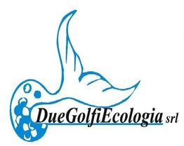 Logo con scritta "Due Golfi Ecologia srl" e un disegno astratto di uccello blu.