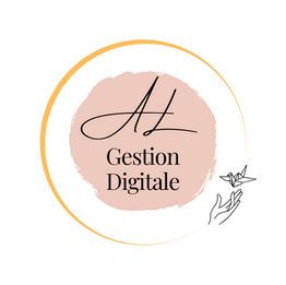 Logo avec inscription "Gestion Digitale" et dessin d'une main tenant un origami, fond rose.