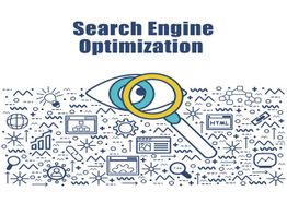 SEO concept illustration with a magnifying glass and various digital icons.