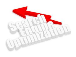 "Search Engine Optimization text with red arrow pointing upward, symbolizing growth."