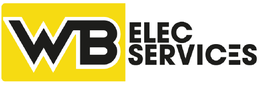 Logo de WB Elec Services, lettres noires sur fond jaune et blanc.