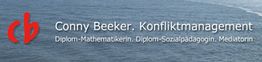 Logo mit Wasserhintergrund: "cb Conny Beeker: Konfliktmanagement, Diplom-Mathematikerin, Mediatorin".