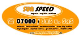 Orange Sun Speed-Logo mit Telefonnummer. Dienstleistungen: national, international, Expressversand.