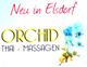 "Werbung für Orchid Thai-Massagen in Elsdorf mit blauen Blüten im Design."
