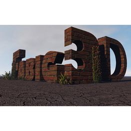 3D-Ziegelbuchstaben "Fabric3D", bewachsen mit Pflanzen, auf rissigem Boden vor Himmel.
