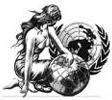 Frau mit Globus, UN-Emblem im Hintergrund, symbolische Darstellung der internationalen Zusammenarbeit.