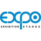 Logo mit blauem "expo"-Schriftzug, darunter "Exhibition Stands" in schwarzer Schrift.