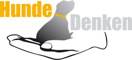 Silhouette eines Hundes auf einer Hand, mit dem Text "Hunde Denken" in Gelb und Grau.