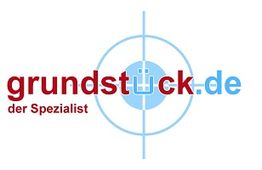 Logo mit Text "grundstück.de Der Spezialist" und einem Fadenkreuz im Hintergrund.
