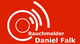 Ein stilisierter Rauchmelder mit Text "Rauchmelder Daniel Falk" auf rotem Hintergrund.