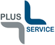 Logo mit dem Text "PLUS SERVICE" und einem blau-grauen abstrakten Symbol.