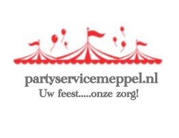 Rode feesttenten met ballonnen, tekst: partyservicemeppel.nl "Uw feest... onze zorg!"