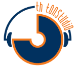 Logo mit Kopfhörer-Symbol, Schriftzug "th tonstudio" in Blau und Orange.